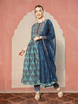 KVS FAB - Women Zari Sequenced Blue Cotton Blend Kurta Pant & Dupatta (Set of 3)