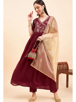 KVS FAB - Women Sequence Zari Embroidered Maroon Kurta Pant & Dupatta (Set of 3)