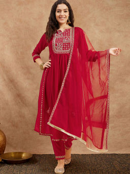 KVS FAB - Women Sequence Zari Embroidered Red Kurta Pant & Dupatta (Set of 3)