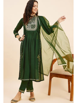 KVS FAB - Women Sequence Zari Embroidered Green Kurta Pant & Dupatta (Set of 3)