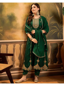 KVS FAB - Green Silk Blend Zari Sequence Embroidered Kurta Pant & Dupatta (Set of 3)