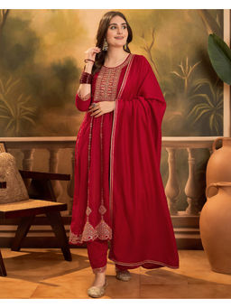 KVS FAB - Red Silk Blend Zari Sequence Embroidered Kurta Pant & Dupatta (Set of 3)