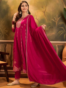 KVS FAB - Pink Silk Blend Zari Sequence Embroidered Kurta Pant & Dupatta (Set of 3)