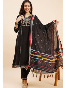 KVS FAB - Women Embroidered Black Cotton Blend Kurta Pant & Dupatta (Set of 3)