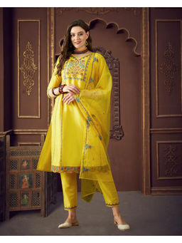 KVS FAB - Yellow Silk Blend Thread Work Embroidered Kurta Pant & Dupatta (Set of 3)
