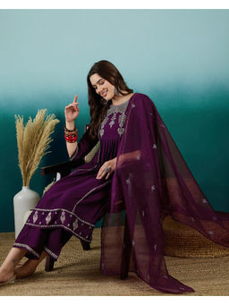 KVS FAB - Purple Silk Blend Zari Sequence Embroidered Kurta Pant & Dupatta (Set of 3)