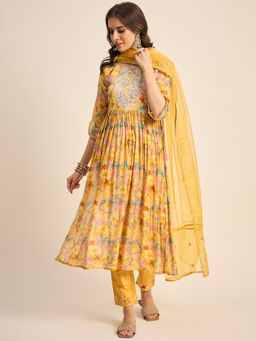 KVS FAB - Women Embroidered Yellow Silk Blend Kurta Pant & Dupatta (Set of 3)