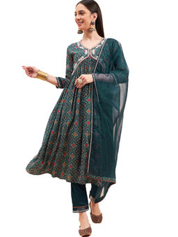 KVS FAB - Women Embroidered Teal Silk Blend Foil Printed Kurta Pant & Dupatta (Set of 3)