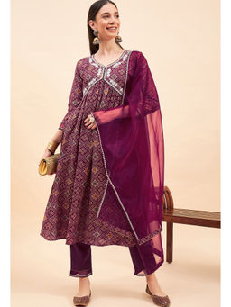 KVS FAB - Women Embroidered Purple Silk Blend Foil Printed Kurta Pant & Dupatta (Set of 3)