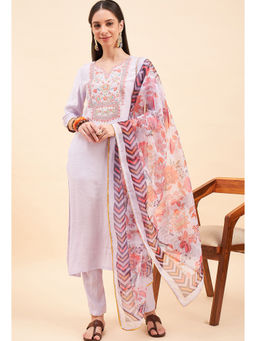KVS FAB - Women Embroidered Sequenced Lavender Cotton Kurta Pant & Dupatta (Set of 3)