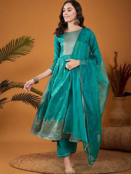 KVS FAB - Women Zari Teal Jacquard Kurta Pant & Dupatta (Set of 3)
