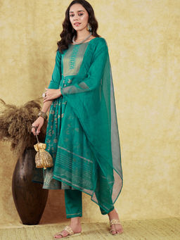 KVS FAB - Women Zari Green Jacquard Kurta Pant & Dupatta (Set of 3)