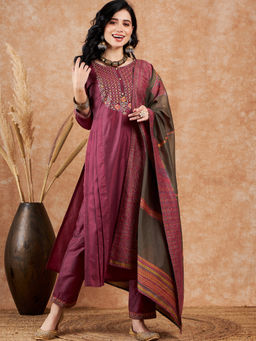 KVS FAB - Women Zari Sequence Embroidered Maroon Kurta Pant & Dupatta (Set of 3)