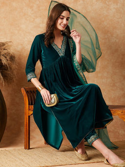 KVS FAB - Women Zari Sequence Embroidered Teal Velvet Kurta Pant & Dupatta (Set of 3)