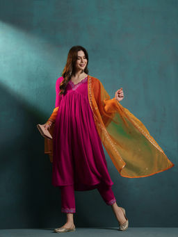KVS FAB - Women Zari Sequence Embroidered Magenta Velvet Kurta Pant & Dupatta (Set of 3)