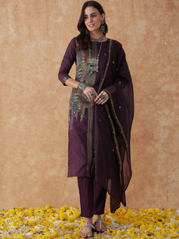 KVS FAB - Women Jacquard Purple Kurta Pant & Dupatta (Set of 3)