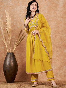 KVS FAB - Women Embroidered Sequence Yellow Kurta Pant & Dupatta (Set of 3)