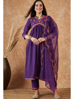 KVS FAB - Women Embroidered Sequence Purple Kurta Pant & Dupatta (Set of 3)