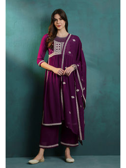 KVS FAB - Women Embroidered Purple Kurta Pant & Dupatta (Set of 3)
