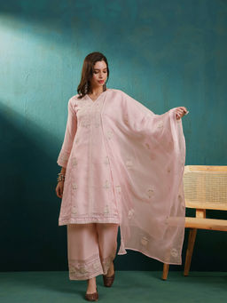 KVS FAB - Women Embroidered Sequence Peach Kurta Palazzo and Dupatta (Set of 3)