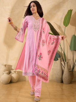 KVS FAB - Pink Silk Blend Zari Thread Embroidered Lace Kurta Pant & Dupatta (Set of 3)