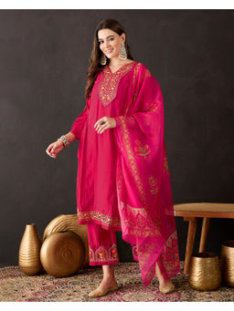 KVS FAB - Magenta Silk Blend Zari Thread Embroidered Lace Kurta Pant & Dupatta (Set of 3)