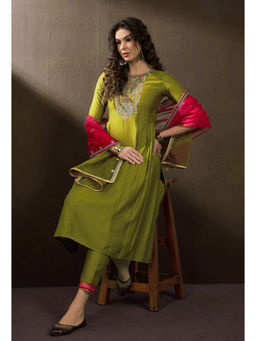 KVS FAB - Women Embroidered Zari Sequence Olive Cotton Blend Kurta Pant & Dupatta (Set of 3)