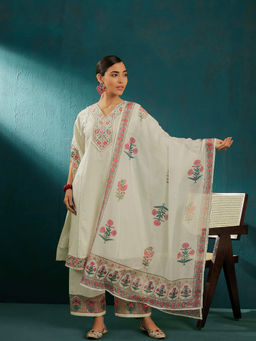 KVS FAB - Off White Silk Blend Zari Thread Embroidered Lace Kurta Pant & Dupatta (Set of 3)