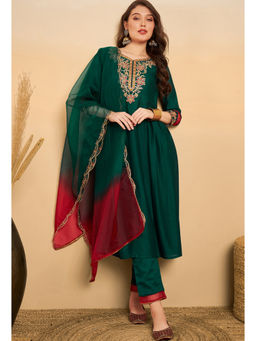 KVS FAB - Women Embroidered Sequence Green Silk Blend Kurta Pant & Dupatta (Set of 3)