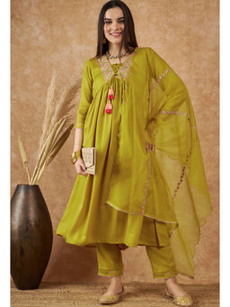 KVS FAB - Women Embroidered Sequence Mustard Velvet Kurta Pant & Dupatta (Set of 3)