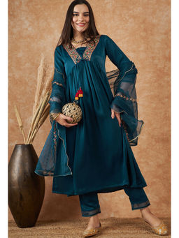 KVS FAB - Women Embroidered Sequence Teal Velvet Kurta Pant & Dupatta (Set of 3)