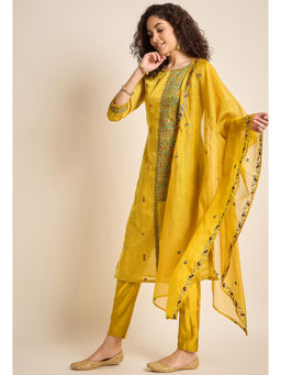 KVS FAB - Women Jacquard Yellow Kurta Pant & Dupatta (Set of 3)