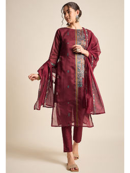 KVS FAB - Women Jacquard Maroon Kurta Pant & Dupatta (Set of 3)
