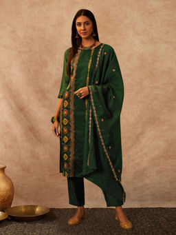 KVS FAB - Women Jacquard Green Kurta Pant & Dupatta (Set of 3)