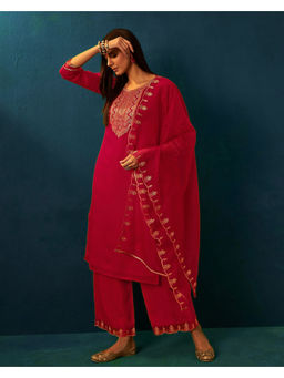 KVS FAB - Women Zari Embroidered Sequence Red Kurta Pant & Dupatta (Set of 3)