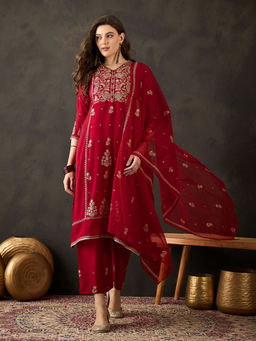 KVS FAB - Red Silk Blend Zari Sequence Embroidered Kurta Pant & Dupatta (Set of 3)