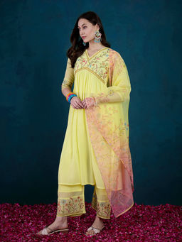 KVS FAB - Embroidered Sequence Yellow Georgette Kurta Pant & Dupatta (Set of 3)