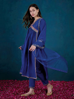 KVS FAB - Embroidered Sequence Royal Blue Silk Blend Kurta Pant & Dupatta (Set of 3)