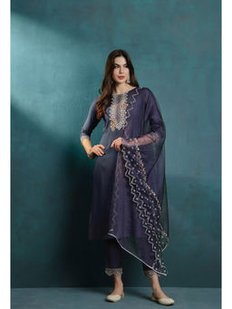 KVS FAB - Embroidered Sequence Grey Cotton Blend Kurta Pant & Dupatta (Set of 3)