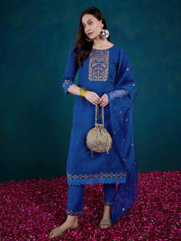 KVS FAB - Blue Cotton Zari Thread Embroidered Kurta Pant & Dupatta (Set of 3)