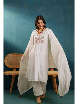 KVS FAB - Embroidered Sequence White Pure Cotton Kurta Pant with Dupatta (Set of 3)
