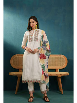 KVS FAB - Embroidered Sequence Off White Silk Blend Kurta Pant & Dupatta (Set of 3)