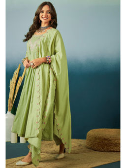 KVS FAB - Green Pure Cotton Zari Embroidered Kurta Pant & Dupatta (Set of 3)