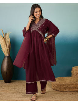 KVS FAB - Embroidered Zari Sequence Maroon Silk Blend Kurta Pant & Dupatta (Set of 3)