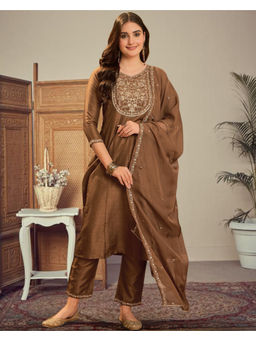 KVS FAB - Brown Silk Blend Zari Sequence Embroidered Kurta Pant & Dupatta (Set of 3)