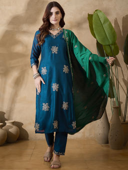 KVS FAB - Teal Blue Silk Blend Zari Sequence Embroidered Kurta Pant & Dupatta (Set of 3)