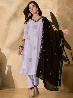 KVS FAB - White Silk Blend Zari Sequence Embroidered Kurta Pant & Dupatta (Set of 3)