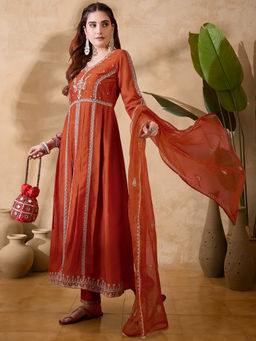 KVS FAB - Orange Silk Blend Zari Sequence Embroidered Kurta Pant & Dupatta (Set of 3)