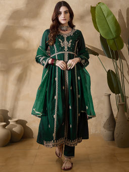 KVS FAB - Green Silk Blend Zari Sequence Embroidered Kurta Pant & Dupatta (Set of 3)