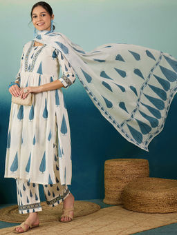 KVS FAB - Embroidered White Ethnic Motif Pure Cotton Kurta Pant & Dupatta (Set of 3)